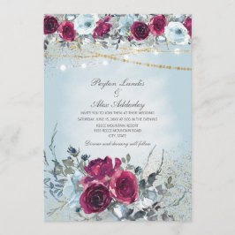 Invitación Boda con Brillo Floral Azul Polvo de Borgoña