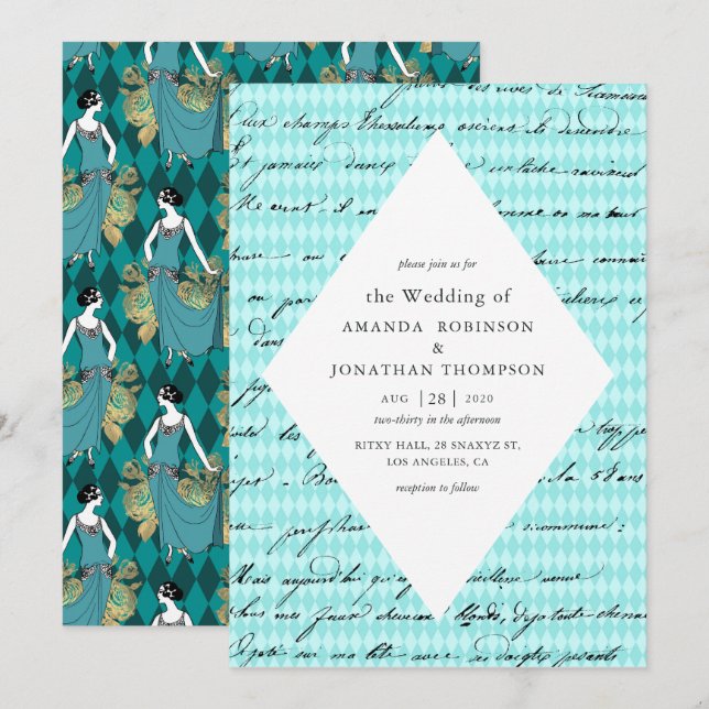 Invitación Boda con caligrafía temática de París en dorado y  (Anverso / Reverso)