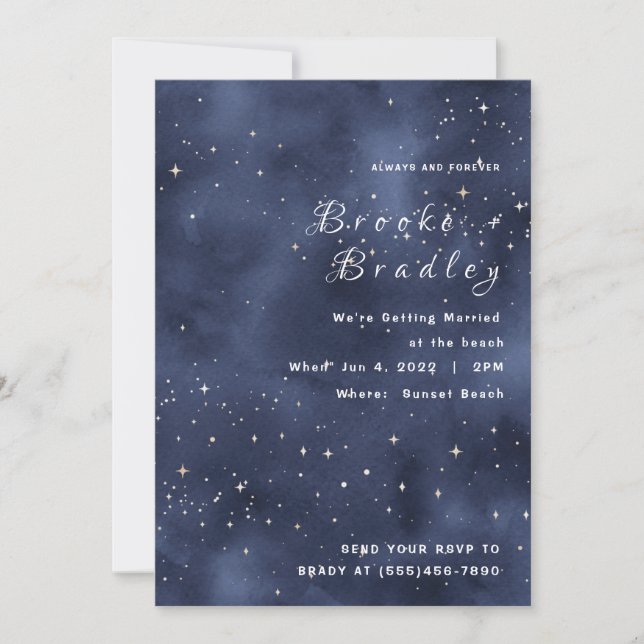 Invitación Boda con Campo de Estrellas Azul Oscuro (Anverso)