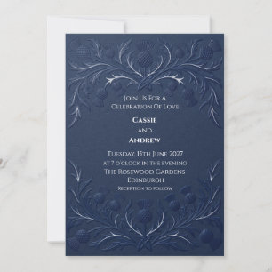 Invitación Boda con cardo escocés azul marino realzado