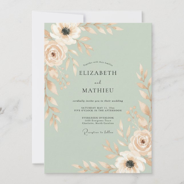 Invitación Boda con Champagne y Hojas de Menta Rosada (Anverso)