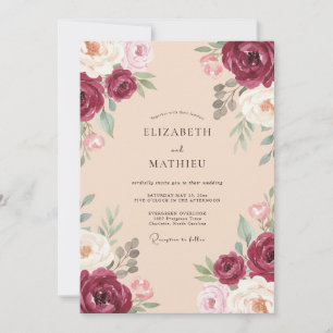 Invitación Boda con champán y rosa granate