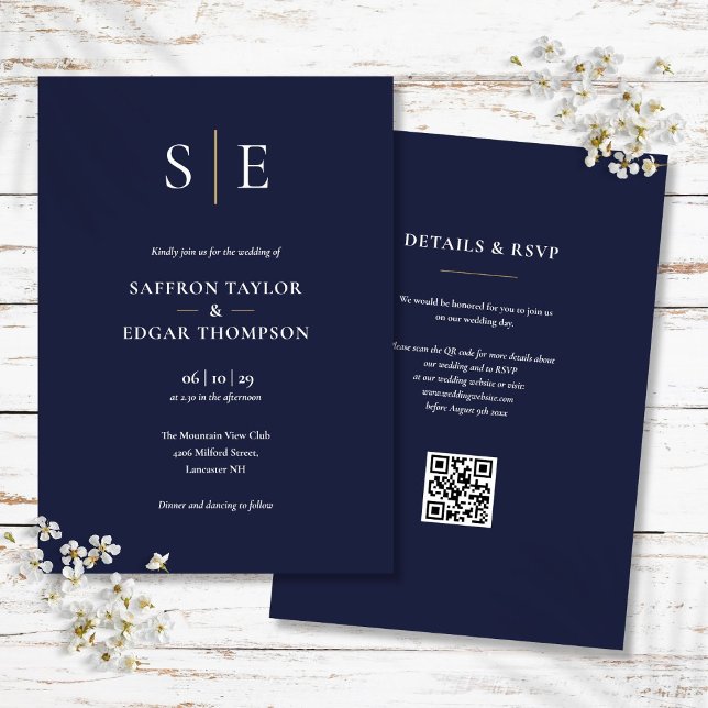 Invitación Boda con código QR azul marino y dorado con monogr (Monogram Navy Blue And Gold QR Code Wedding Invitation)