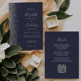Invitación Boda con Código QR Azul Oscuro Brillo Plateado Mod