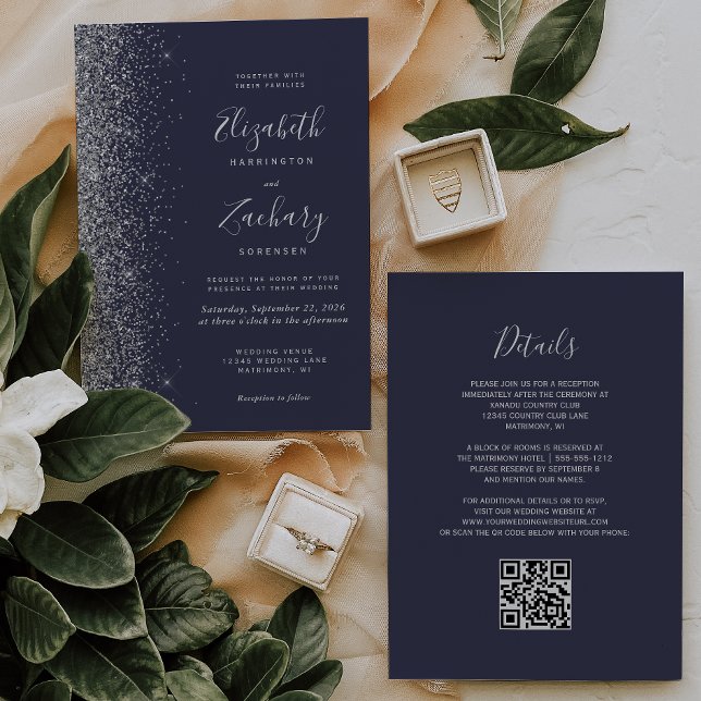 Invitación Boda con Código QR Azul Oscuro Brillo Plateado Mod (Subido por el creador)