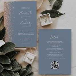 Invitación Boda con código QR azul polvoriento y brillo de me