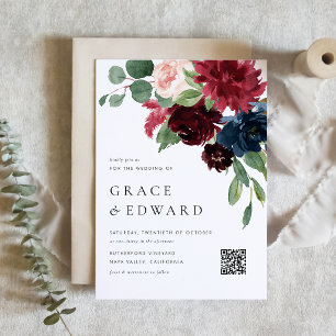 Invitación Boda con código QR botánico en burgundy y azul mar