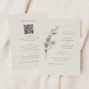 Invitación Boda con código QR botánico verde salvia moderno