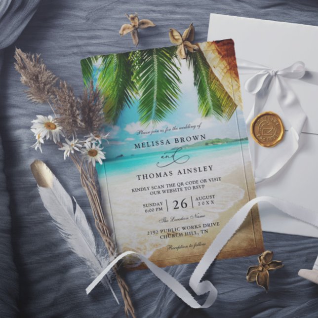 Invitación Boda con código QR Chic de destino de playa tropic (Subido por el creador)