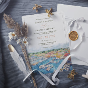 Invitación Boda con código QR costero de Watercolor Newport H