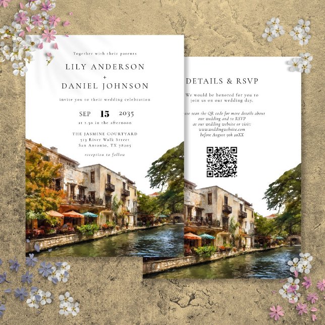 Invitación Boda con código QR de acuarela de San Antonio (San Antonio Watercolor QR Code Wedding Invitation)