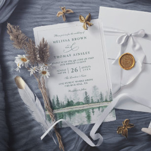 Invitación Boda con código QR de acuarela del bosque de monta