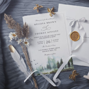 Invitación Boda con código QR de acuarela del bosque del lago