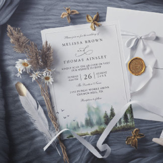 Invitación Boda con código QR de acuarela del bosque del lago