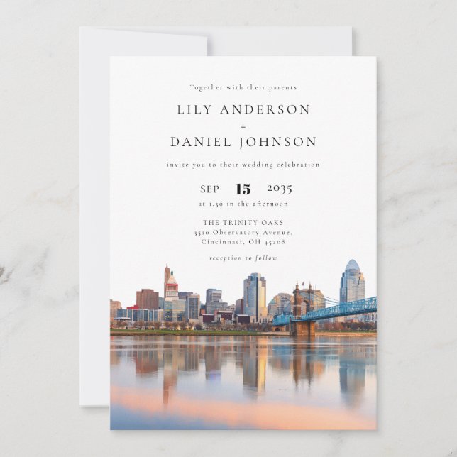 Invitación Boda con código QR de acuarela del horizonte de Ci (Anverso)