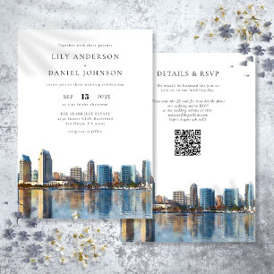 Invitación Boda con código QR de acuarela del horizonte de Sa