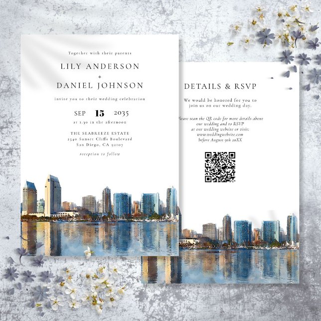 Invitación Boda con código QR de acuarela del horizonte de Sa (San Diego Skyline Watercolor QR Code Wedding Invitation)