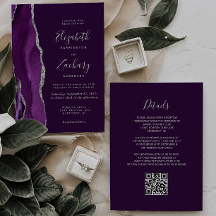 Invitación Boda con código QR de ágata plateada Deep Purple
