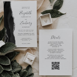 Invitación Boda con código QR de ágata plateada negra moderna
