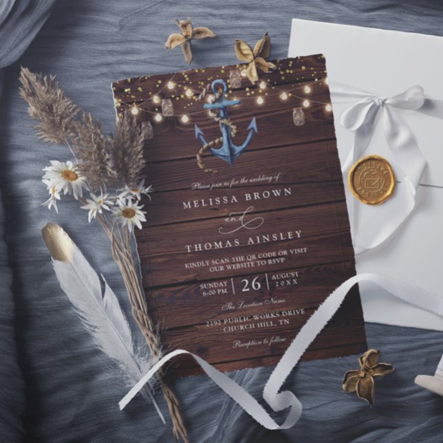 Invitación Boda con código QR de ancla azul marino de madera  (Subido por el creador)