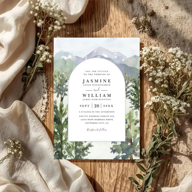 Invitación Boda con código QR de arco de bosque de montaña ac (Subido por el creador)