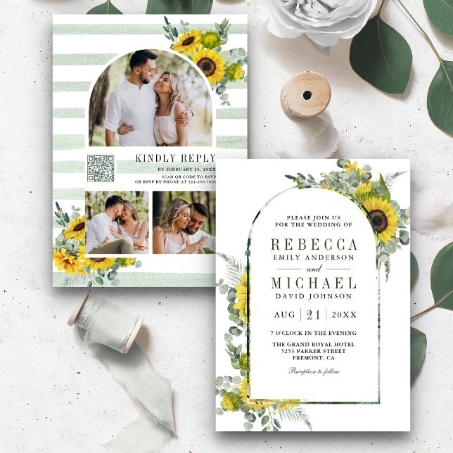 Invitación Boda con código QR de arco de eucalipto y girasol (Subido por el creador)