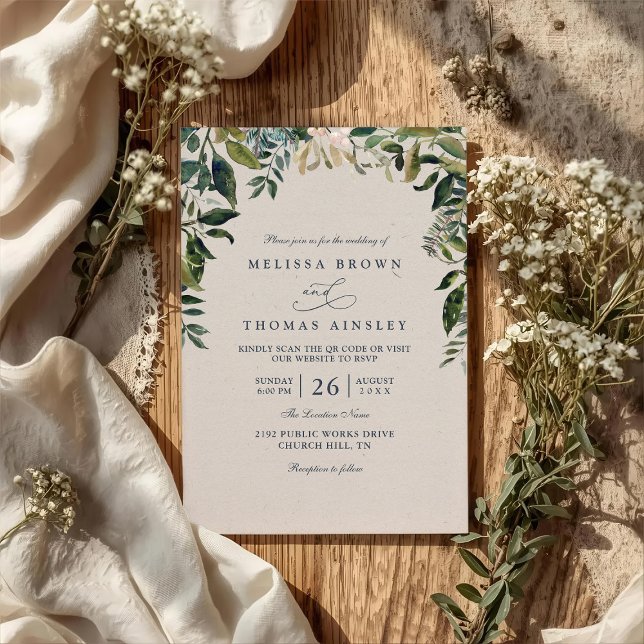 Invitación Boda con código QR de arco de follaje de acuarela  (Subido por el creador)
