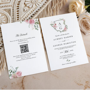 Invitación Boda con código QR de blasón de monograma floral r