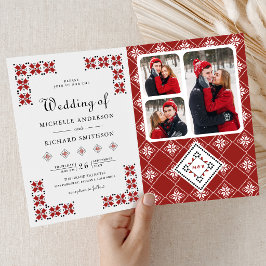 Invitación Boda con código QR de bordado ucraniano rojo y neg