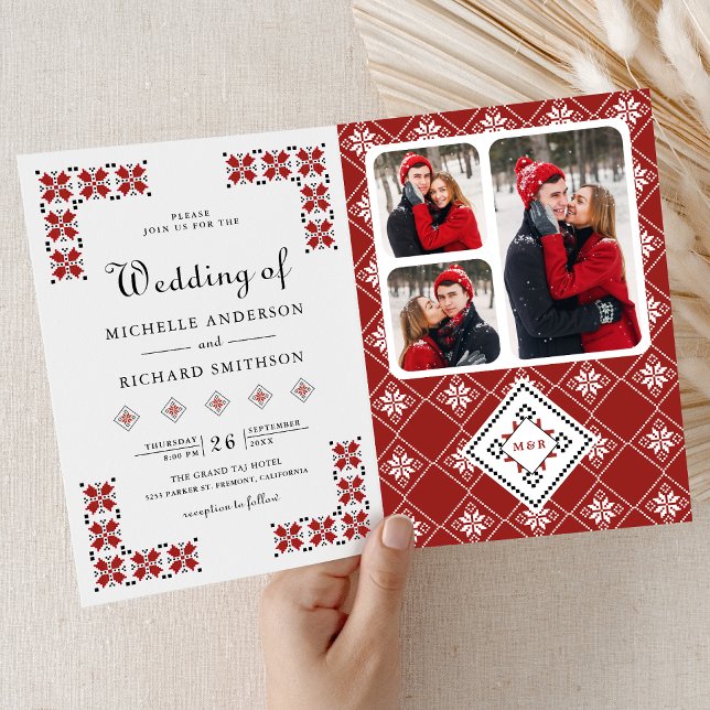 Invitación Boda con código QR de bordado ucraniano rojo y neg (Subido por el creador)