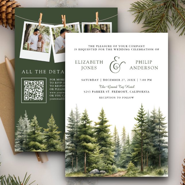 Invitación Boda con código QR de bosque de pinos de invierno  (Subido por el creador)