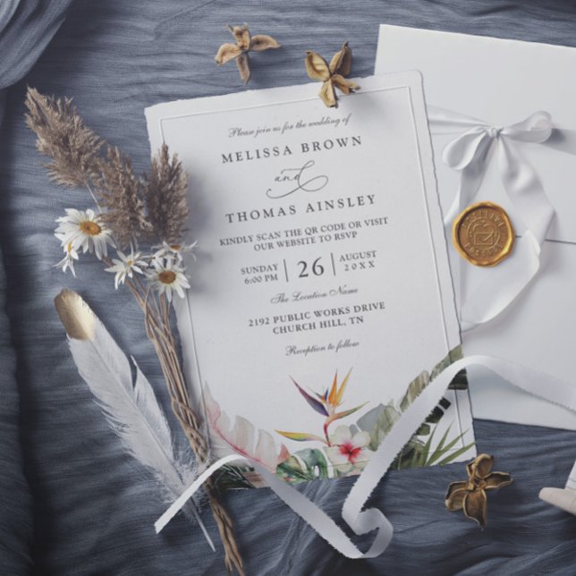 Invitación Boda con código QR de botánica tropical impresiona (Subido por el creador)