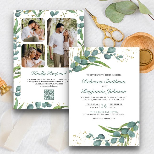 Invitación Boda con Código QR de Colaje de Fotos de Eucalipto (Subido por el creador)