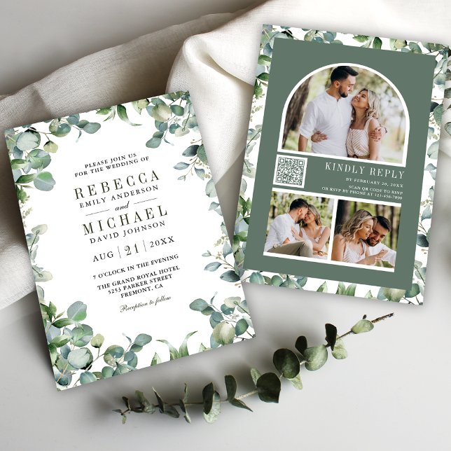 Invitación Boda con Código QR de Colaje de Fotos de Eucalipto (Subido por el creador)