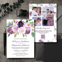 Boda con Código QR de Colaje de Fotos Floral Púrpu