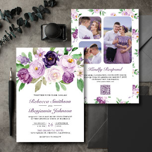 Invitación Boda con Código QR de Colaje de Fotos Floral Púrpu