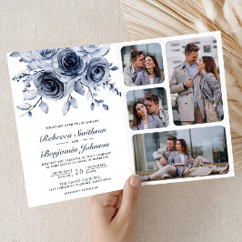 Invitación Boda con Código QR de Collage de Fotos Floral Azul