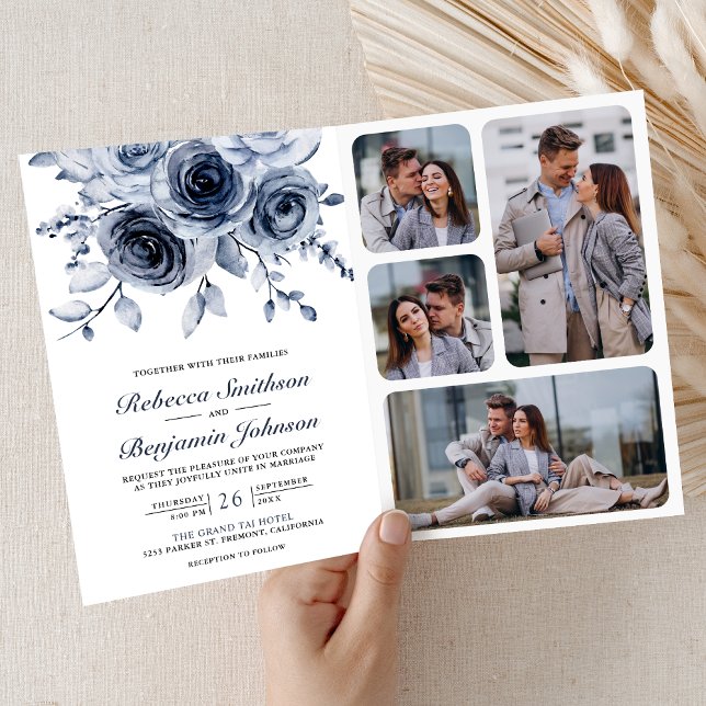 Invitación Boda con Código QR de Collage de Fotos Floral Azul (Subido por el creador)