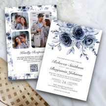 Boda con Código QR de Collage de Fotos Floral Azul
