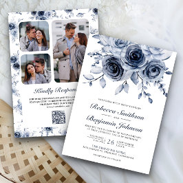 Invitación Boda con Código QR de Collage de Fotos Floral Azul
