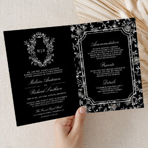 Invitación Boda con código QR de cresta de chinoiserie negro
