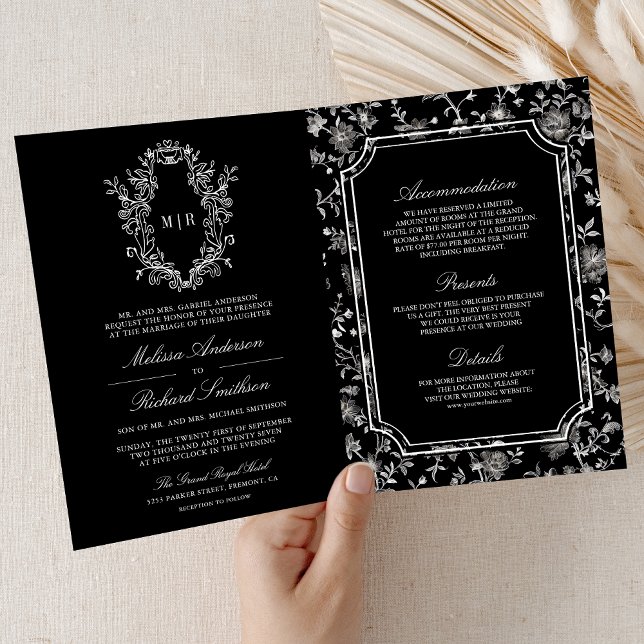 Invitación Boda con código QR de cresta de chinoiserie negro (Subido por el creador)