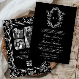 Invitación Boda con código QR de cresta de chinoiserie negro