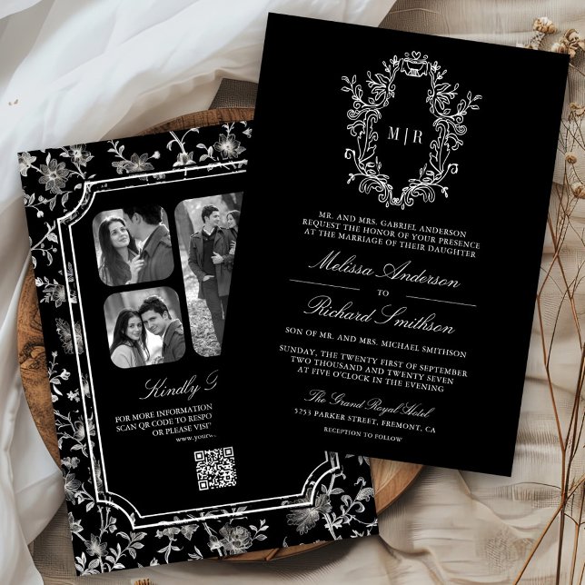 Invitación Boda con código QR de cresta de chinoiserie negro (Subido por el creador)
