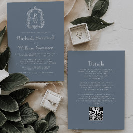 Invitación Boda con código QR de cresta de monograma azul pol
