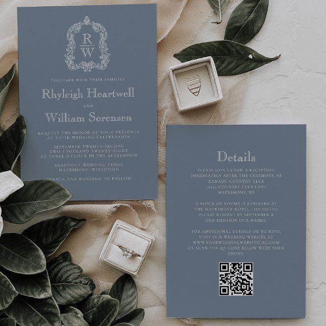 Invitación Boda con código QR de cresta de monograma azul pol (Subido por el creador)