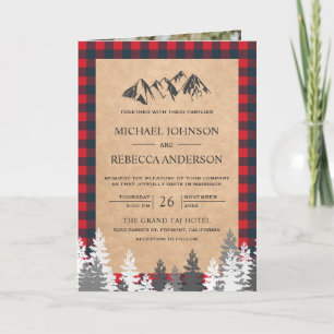 Invitación Boda con código QR de cuadros de montaña Kraft roj