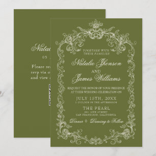 Invitación Boda con código QR de dinero antiguo en verde oliv