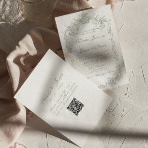 Invitación Boda con código QR de dinero antiguo en verde salv