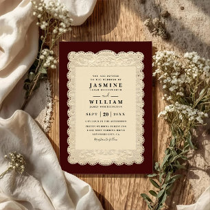 Invitación Boda con código QR de encaje de papel vintage burg